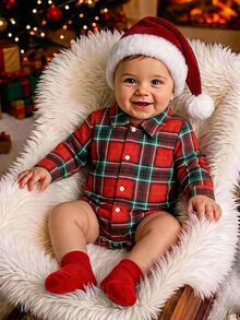 SHEIN Baby Boy Colorful Plaid Collar Long Sleeve Romper, Versatile And Comfortable - Multicolor - View 9