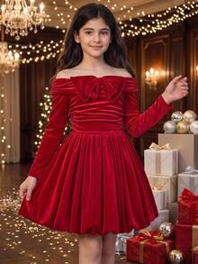 Pitira Tween Girl Knitted Cherry Off-Shoulder Long Sleeve Tulip Hem Elegant Dress - Red - View 3