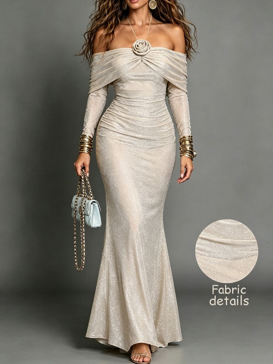 Omancia Women's Off-Shoulder 3D Floral Decor Elegant Cinched Waist Party Dress - Champagne - View 1