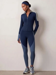 Zivah Women's Colorblock Zipper Long Sleeve Top And Leggings Casual Daily Sports Set - Multicolor - View 1