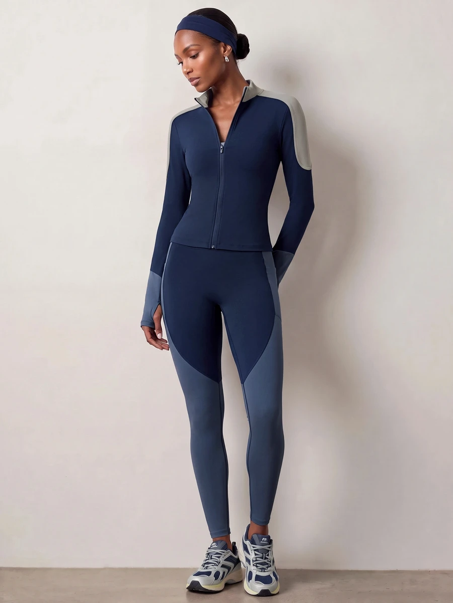 Zivah Women's Colorblock Zipper Long Sleeve Top And Leggings Casual Daily Sports Set - Multicolor - View 1