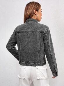 SHEIN EZwear 女款單排扣水洗牛仔夾克，秋季女裝 - 黑色 - 查看 2