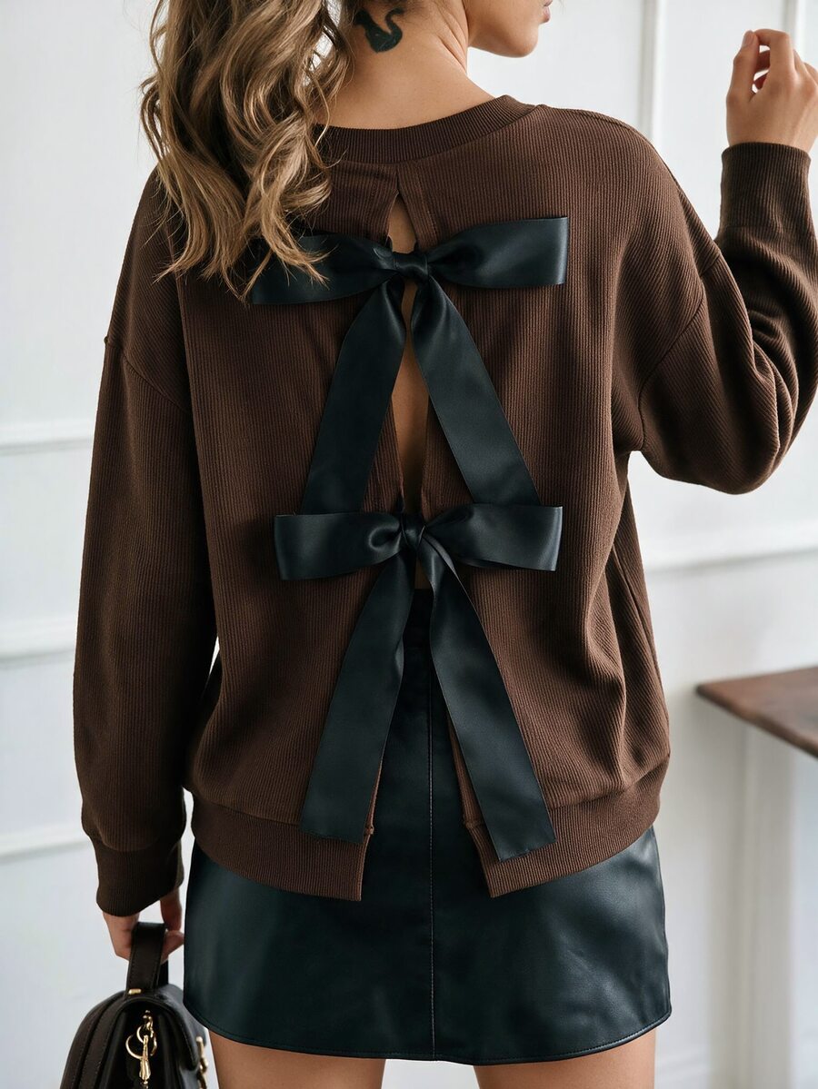 Zayélia Women's Brown Knitted Striped Long Sleeve Hollow Back Bow Decor T-Shirt - Coffee Brown - View 1