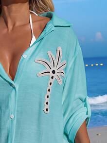 Swim Vcay Women's White Shirt Coconut Tree Button Casual Vacation Beach Kimono Cover-Up - Mint Green - View 4