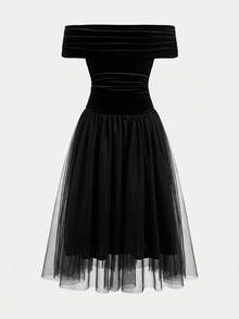 SHEIN Tween Girl Commuter Fashion Elegant Black Velvet Patchwork One-Shoulder Off-Shoulder Ruffle Long Dress, Suitable For Back To School, Party, Halloween, Christmas - Black - View 3