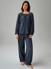 Livesso Women's Bow Decor Raglan Long Sleeve Top And Pants Pajama Set - Navy Blue - View 9
