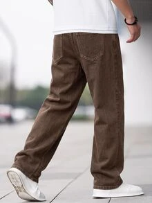 SHEIN Teen Boy Casual Versatile Straight Leg Denim Pants With Pockets - Brown - View 2