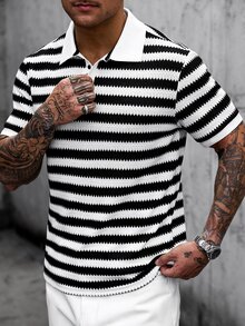 Manfinity CasualCool 男士條紋對比色半開襟鈕扣 Polo 衫 - 黑與白 - 查看 6