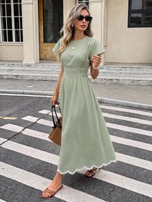 Serisse 女款格紋圓領荷葉邊短袖優雅長洋裝 - 彩色 - 查看 3