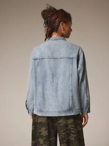 Athîral Denim Women's Casual Street Style Asymmetric Button Collar Denim Jacket, Autumn/Winter, Streetwear - Blue - View 4