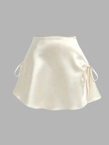 Sweetra Plus Size Early Autumn Satin Tie Bow Decor Mini A-Line Skirt - Apricot - View 3