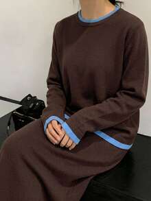 Livesso Women's Contrast Color Long Sleeve Sweater And Long Skirt 2 Pieces Set - Coffee Brown - View 3