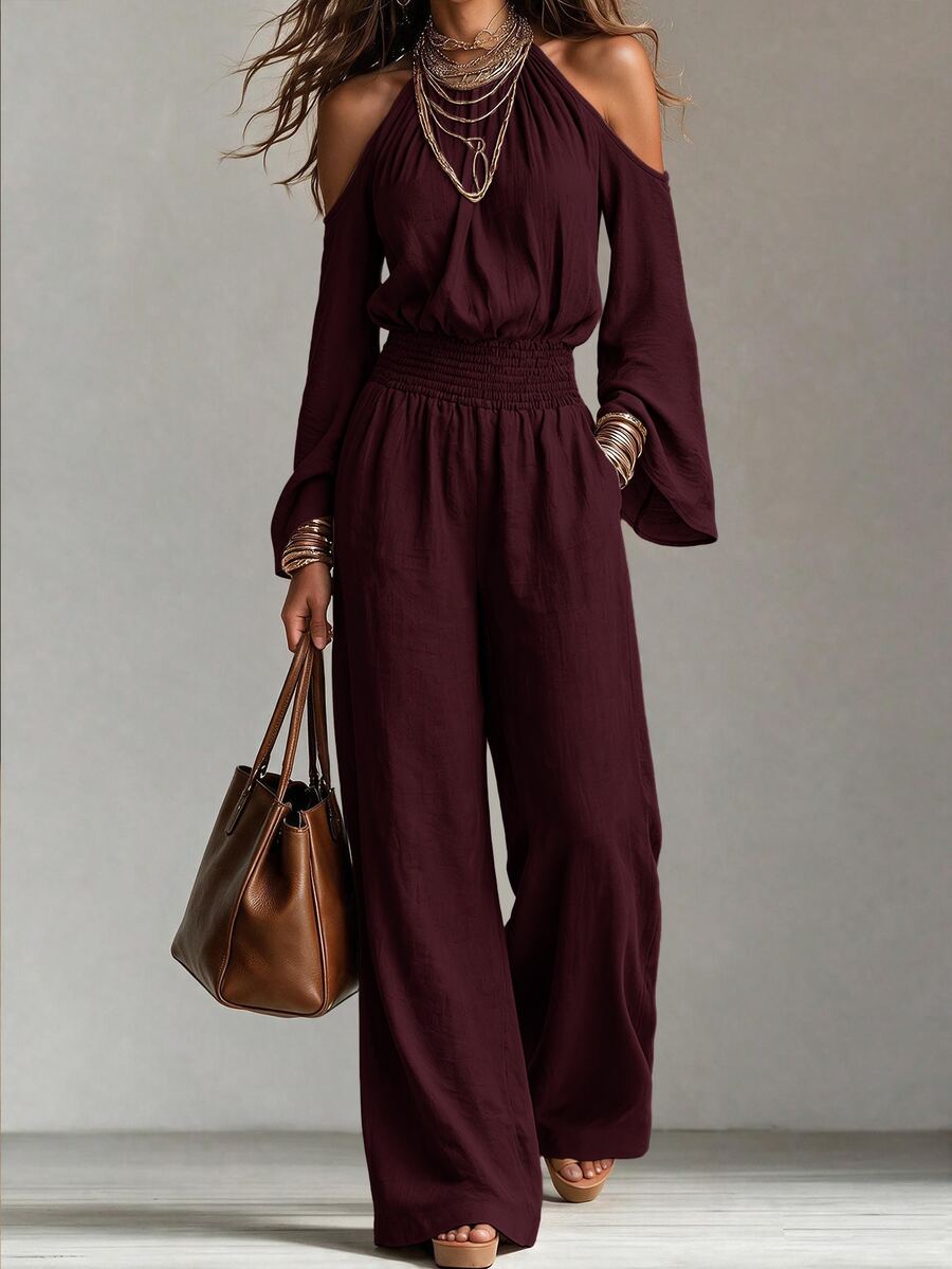 Omancia Jumpsuit Wanita Warna Polos dengan Detail Kerut dan Bahu Terbuka, Model Kasual untuk Pemakaian Sehari-hari di Musim Gugur/Dingin - Burgundy - View 1