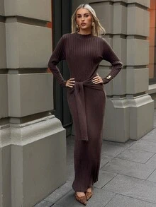Aloruh Women's Solid Color Round Neck Long Sleeve Waist Knot Slim Fit Elegant Knit Dress - Brown - View 1
