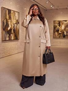 Slaydiva Elegant Commute & Date Champagne Satin Lapel Loose Long Shirt Plus Size Fall - Apricot - View 3