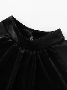Balvessa Black High Neck Velvet & Chiffon Patchwork Long Sleeve Women's Commuter Blouse - Black - View 3