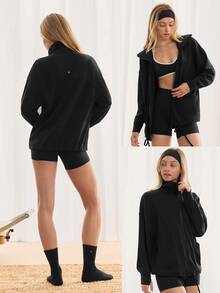 GLOWMODE SoftCalm Modal Chill Days Oversized Silky Smooth Breathable Wide Collar Drawstring Hem Zip-Up Jacket Daily Casual Wear - Black - View 8