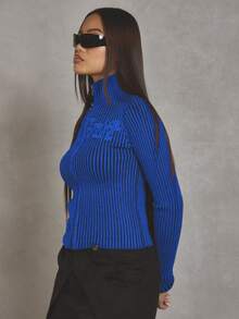 MUSERA Contrast Rib Slogan High Neck Zip Through Cardigan Winter Fall Autumn Cute Casual - Blue - View 3