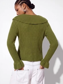 Aveloria GENKIRA Cardigan Slim Fit Crop Knit Large Ruffle Neck Double Tie Closure Bell Cuffs Modern Green Cardigan For Women Knit Fall Tops Crop Top Christmas - Green - View 2