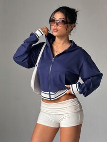 StreetHx Women's Patchwork Striped Drop Shoulder Long Sleeve Zip-Up Hooded Sweatshirt - Navy Blue - View 5