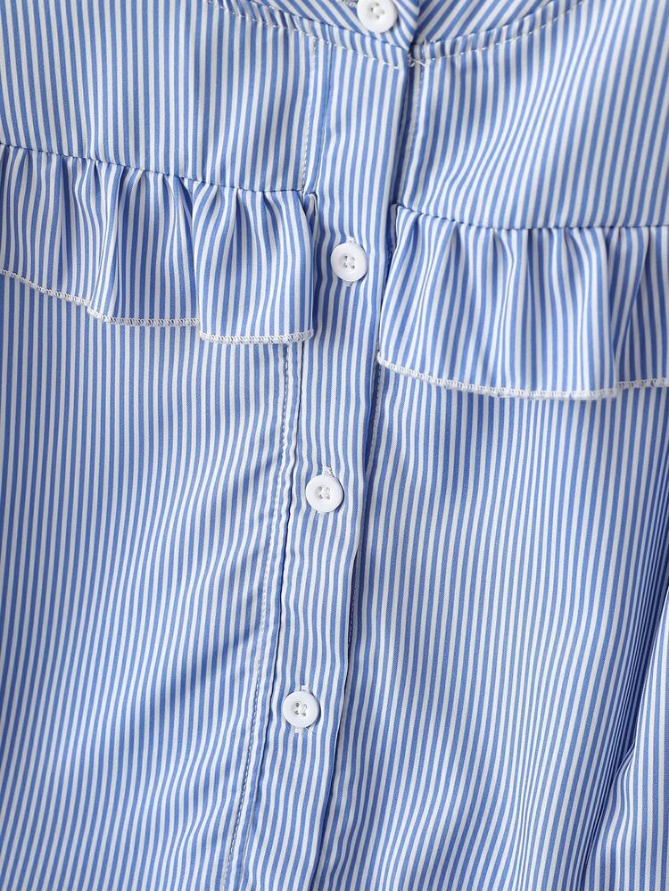 SHEIN Tween Girls Striped Back To School Ruffle Collar Puff Sleeve Button-Front Blouse With 3D Bow Decor - Blue - View 5