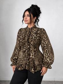 Elenzga Plus Size Stand Collar Slim Fit Elegant Leopard Print Asymmetrical Hem Frill Trim Patchwork Collar Ruffle Wood Frill Trim Elegant Commuter Long Sleeve Blouse - Brown - View 5