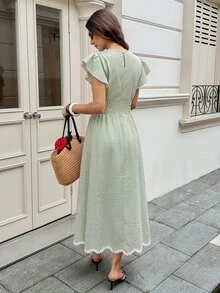 Serisse 女款格紋圓領荷葉邊短袖優雅長洋裝 - 彩色 - 查看 2