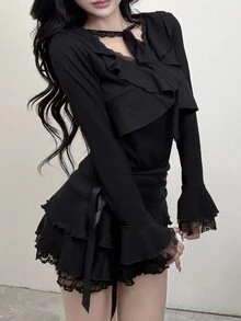 FRIFUL Women's Solid Color Pleated Casual Versatile Daily Long Sleeve T-Shirt - Black - View 4