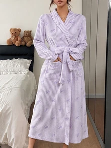Napfluff 女款柔軟蝴蝶結條紋絨毛睡袍，粉色秋冬居家服 - 紫色 - 查看 3