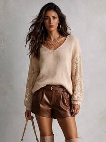 Solivie Women's Autumn/Winter V-Neck Long Sleeve Apricot Color Contrast Lace Sweater Top - Apricot - View 1