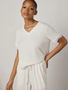 Ocili Women's Solid Color Minimalist Daily V-Neck Comfortable Soft Lace Short Sleeve Drawstring Long Pants Pajama Set - White - View 6