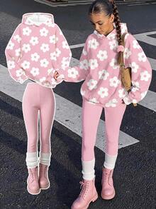 Setelan 2 Potong Hoodie dan Legging Motif Bunga untuk Anak Perempuan Remaja - MultiWarna - View 1