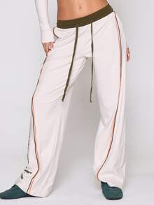 MUSERA Graphic Slogan Printed Striped Elasticated Drawstring Waist Jogger Autumn Winter Fall Coolgirl Holiday Everyday Roadside Renegade - Cream - View 2