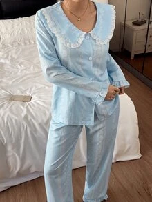 Napfluff Women's Striped Floral Solid Color Fresh Print Long Sleeve & Long Pants Pajama Set, Special Collar Design, Lace Trim Decoration, Cute Style, Comfortable Home Wear, Suitable For All Seasons - Blue - View 5