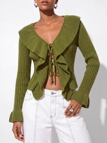 Aveloria GENKIRA Cardigan Slim Fit Crop Knit Large Ruffle Neck Double Tie Closure Bell Cuffs Modern Green Cardigan For Women Knit Fall Tops Crop Top Christmas - Green - View 4