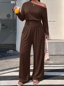 Muchica 大尺碼女款純色不對稱肩長袖上衣與長褲休閒日常兩件套 秋季 - 巧克力棕 - 查看 5