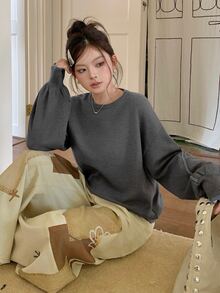 Dazy Plus Dark Gray Color Block Blue Trim Crew Neck Drop Shoulder Long Sleeve Loose Casual Versatile Sweater Autumn - Dark Grey - View 6