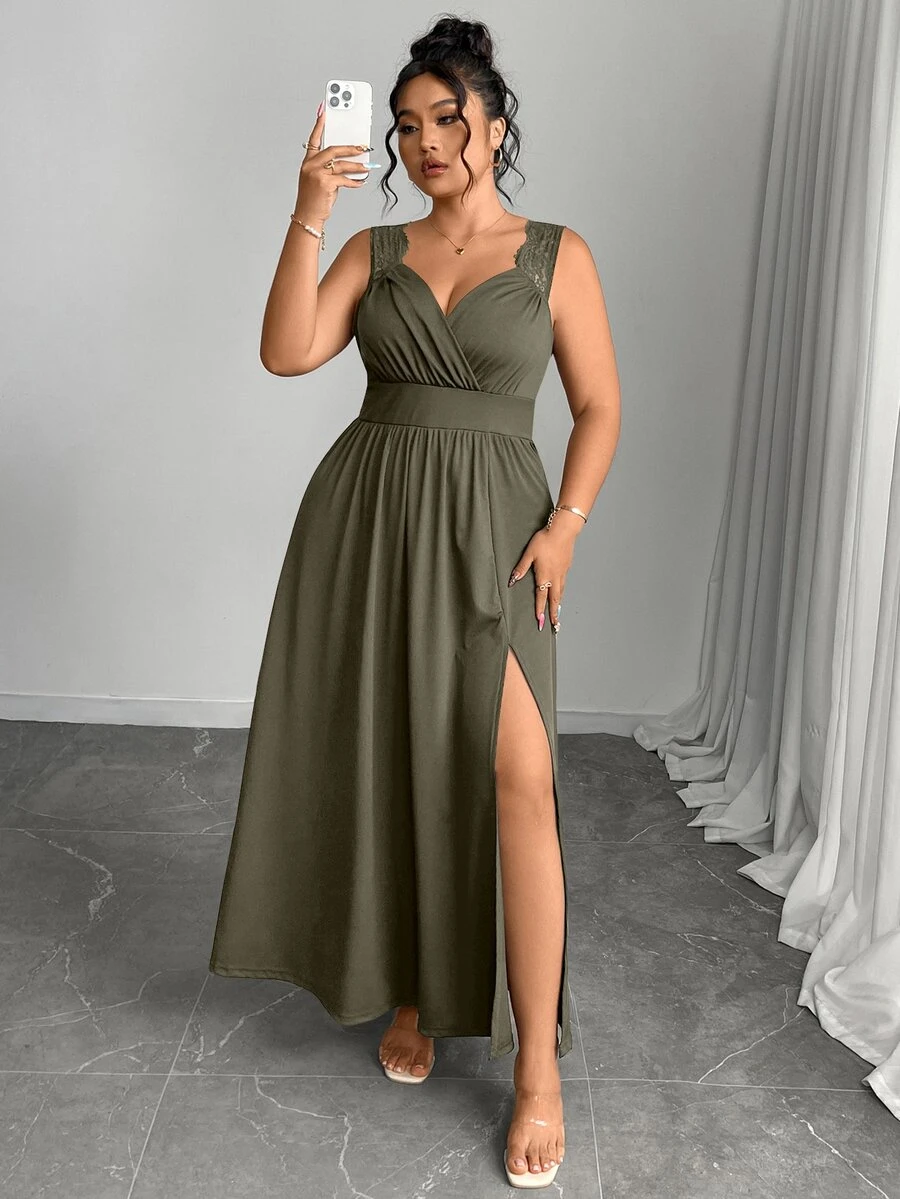 Elenzga Plus Size V-Neck Contrast Lace Strap Flared Fitted Slimming Ribbed Long Dress With Side Slit - Army Green - View 1