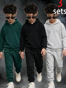SHEIN 6件組兒童青少年男孩可愛秋冬休閒百搭純色黑色、灰色、聖誕綠長袖運動衫與長褲套裝，通勤、上學、日常穿著、度假、旅行、運動、開學季全方位搭配多件套裝 - 彩色 - 查看 4