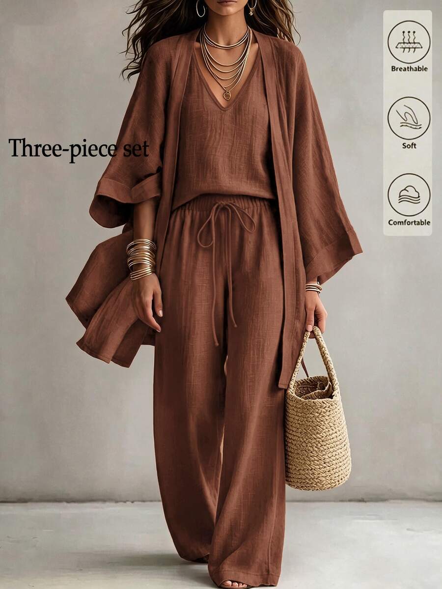 Linhara CURVE Plus Size Women's Casual Everyday Loose Brown Linen 3 Pieces Set: Long Sleeve Cardigan, Sleeveless Tank Top And Long Pants Fall - Mocha Brown - View 1