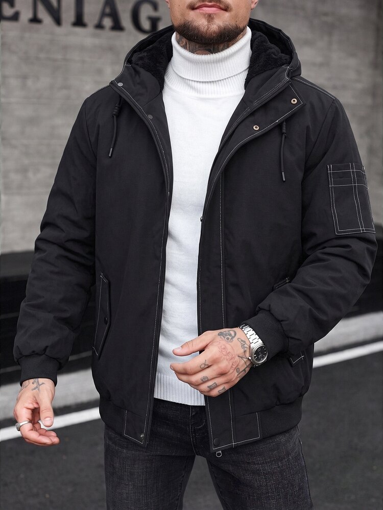 Manfinity Homme Men's Black Contrast Stitching Thermal Lined Hooded Workwear Jacket, Zipper Winter Coat, Daily & Outdoor Dual Use - Black - View 3