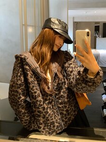 DAZY 女款豹紋寬鬆毛絨外套，休閒正裝版型女童冬季外套 - 棕色 - 查看 4