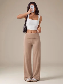 SHEIN Tall 黑色高腰寬腿寬鬆休閒長褲 - 卡其色 - 查看 7