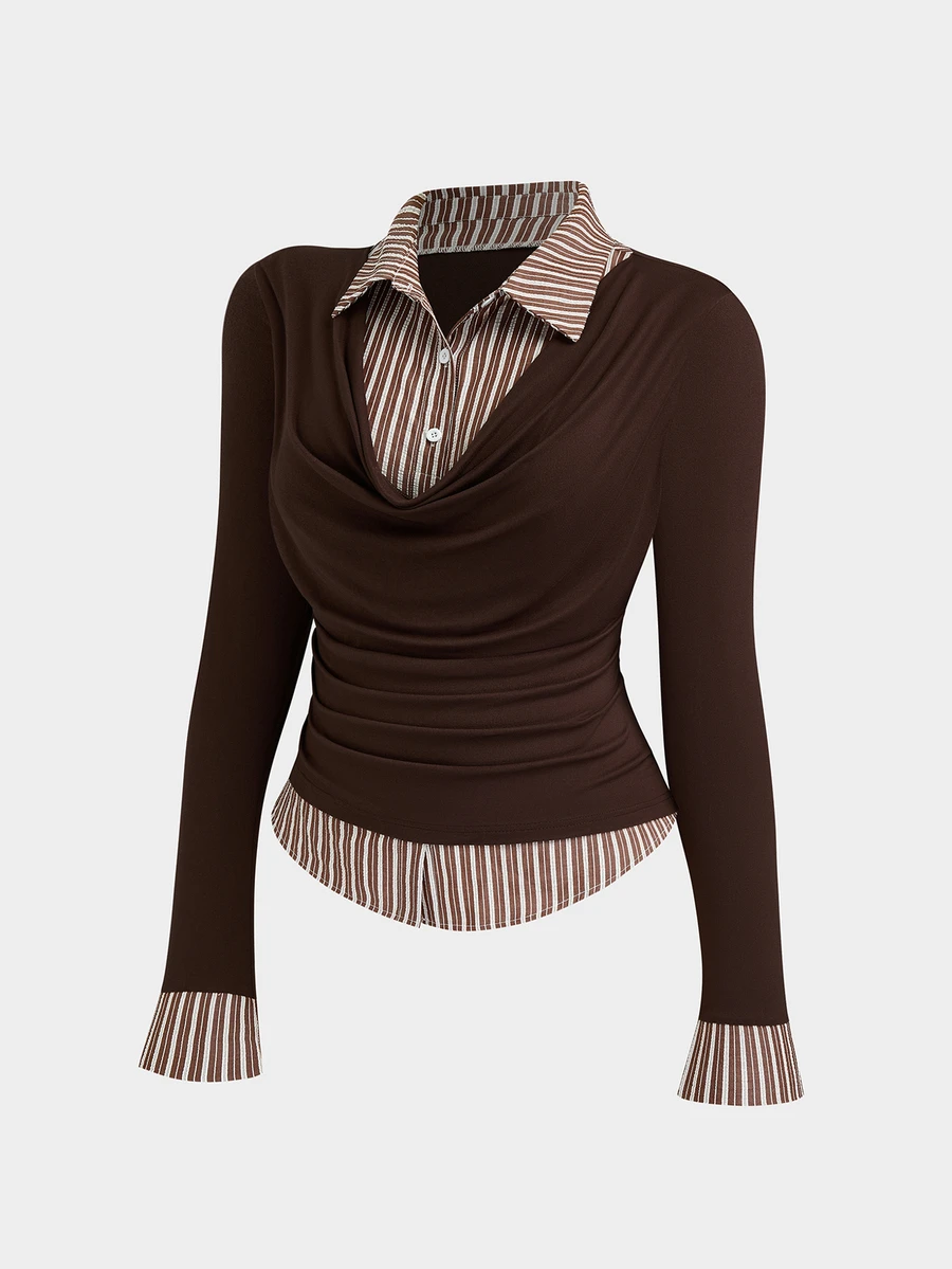 Sweetra Women's Plus Size Korean Style Patchwork Striped 2 In 1 Shirt - Multicolor - View 1
