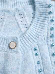 SHEIN Cardigan Rajut Mutiara Imitasi Elegan untuk Wanita - Baby Blue - View 8
