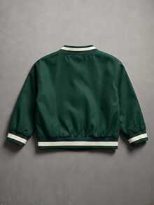 SHEIN Green Zipper Baseball Jacket, Ribbed Contrast Striped Collar, NEW YORK Letter Print, Woven Lightweight, Spring/Autumn - Dark Green - View 2