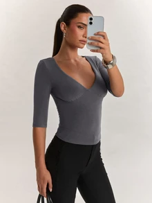 SHEIN BAE 女款柔軟舒適羊絨長袖上衣，適合日常外出、返校、通勤與辦公穿著 - 深灰色 - 查看 5