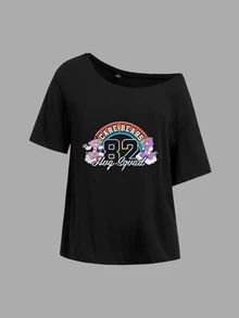 Slaydiva SHEIN X Care Bears Women's Cartoon Print Asymmetrical Shoulder T-Shirt For Beach Vacation - Black - View 3