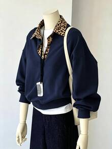 INAWLY Women's Button Half-Placket Leopard Print 2 In 1 Sweatshirt - Navy Blue - View 1