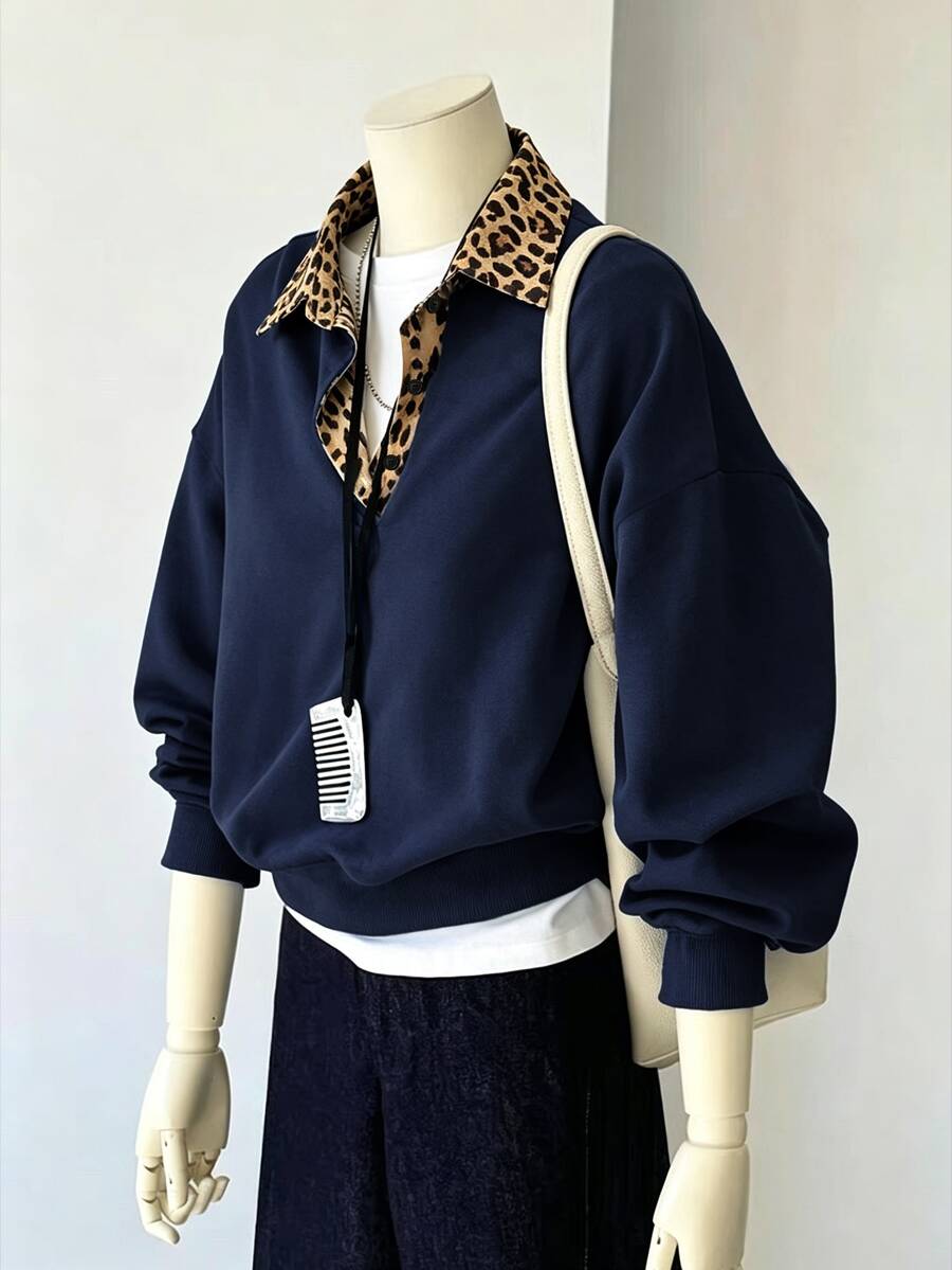 INAWLY Women's Button Half-Placket Leopard Print 2 In 1 Sweatshirt - Navy Blue - View 1